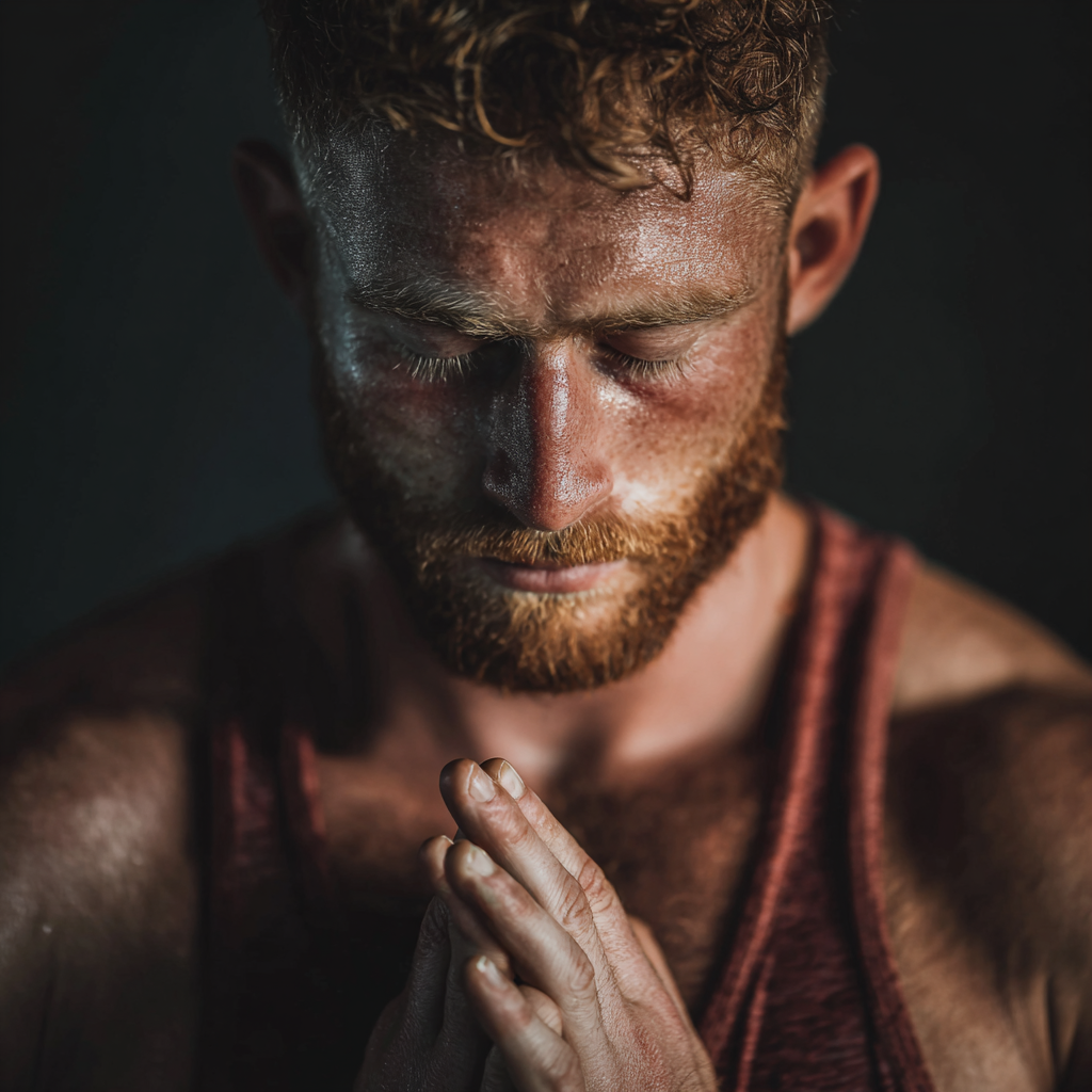 Focused athlete in meditation pose showing mental strength and concentration