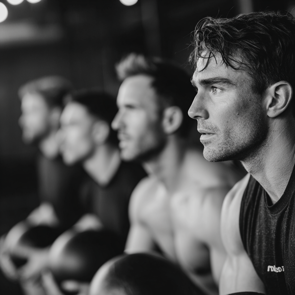 Group of motivated men training together in modern gym facility